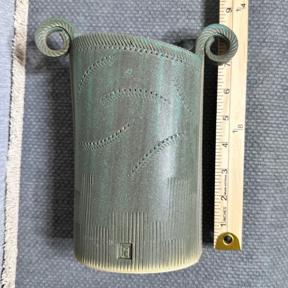VTG Clayton Macone Clay Funky Oval Pottery Vase Stoneware Aqua color hand molded